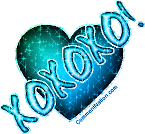 Click to get the codes for this image. Glitter graphic of a green and blue heart with the comment: XOXOXO (Hugs and Kisses!)