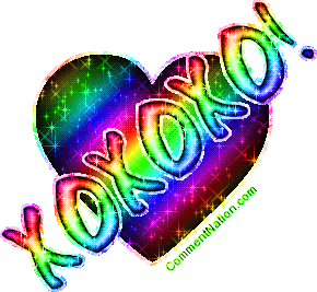 Click to get the codes for this image. Glitter graphic of a rainbow colored heart with the comment: XOXOXO (Hugs and Kisses!)